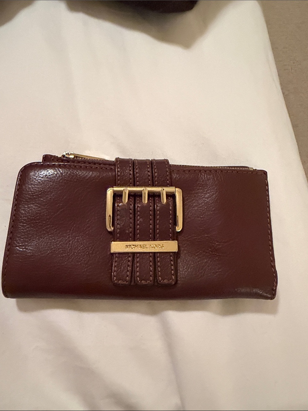 Michael Kors Dark Brown Leather Wallet with Gold Buckle Accent